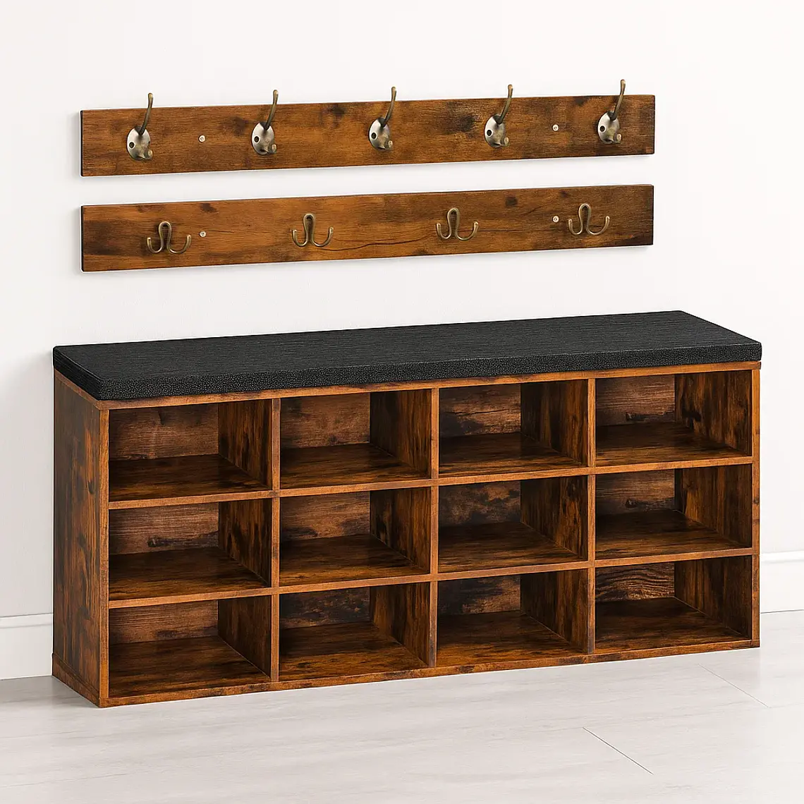 Banco Organizador con Zapatero y Percheros Rústicos 3