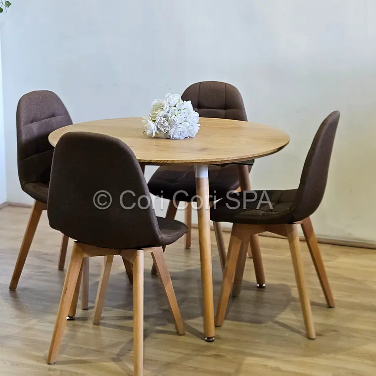 Comedor Mesa Aura Wood 120cms + 4 Sillas Capitonne Lino 18