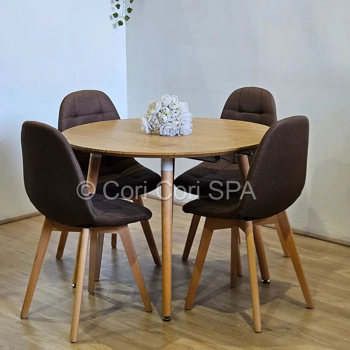 Comedor Mesa Aura Wood 120cms + 4 Sillas Capitonne Lino 19