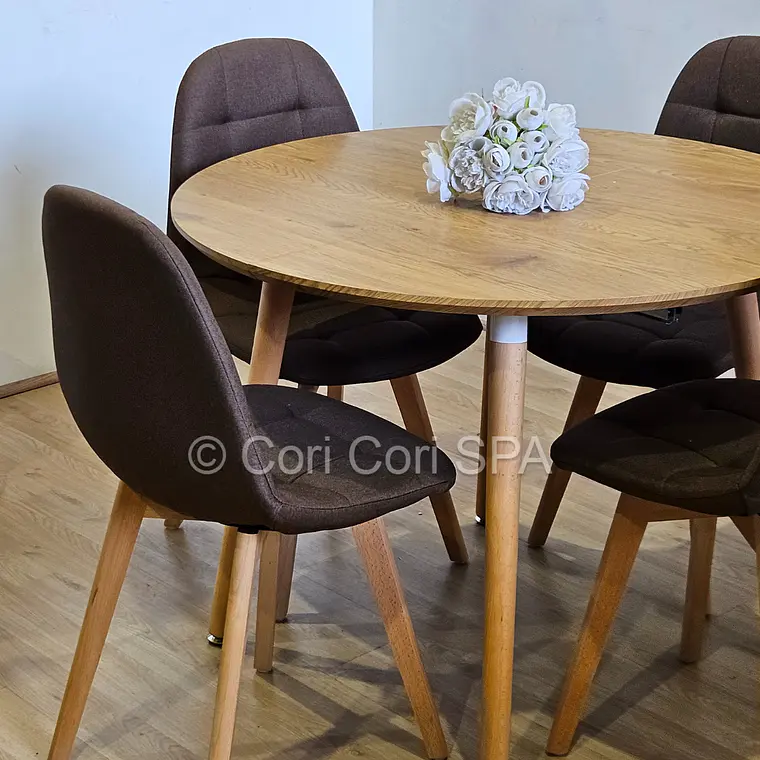 Comedor Mesa Aura Wood 120cms + 4 Sillas Capitonne Lino 21