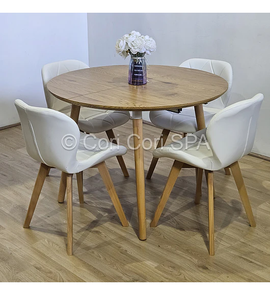 Comedor Mesa Aura Wood 120cms  + 4 Sillas Mariposa Ecocuero Wood
