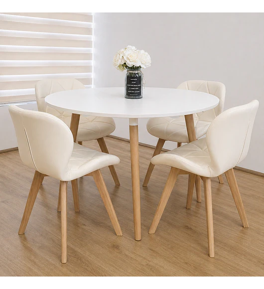 Comedor Mesa Aura Blanca 120cms  + 4 Sillas Mariposa Ecocuero Wood