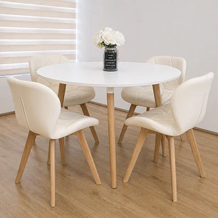 Comedor Mesa Aura Blanca 120cms  + 4 Sillas Mariposa Ecocuero Wood