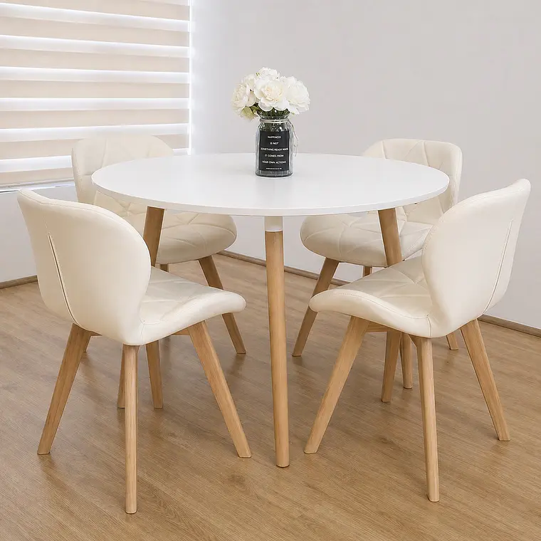 Comedor Mesa Aura Blanca 120cms  + 4 Sillas Mariposa Ecocuero Wood 1