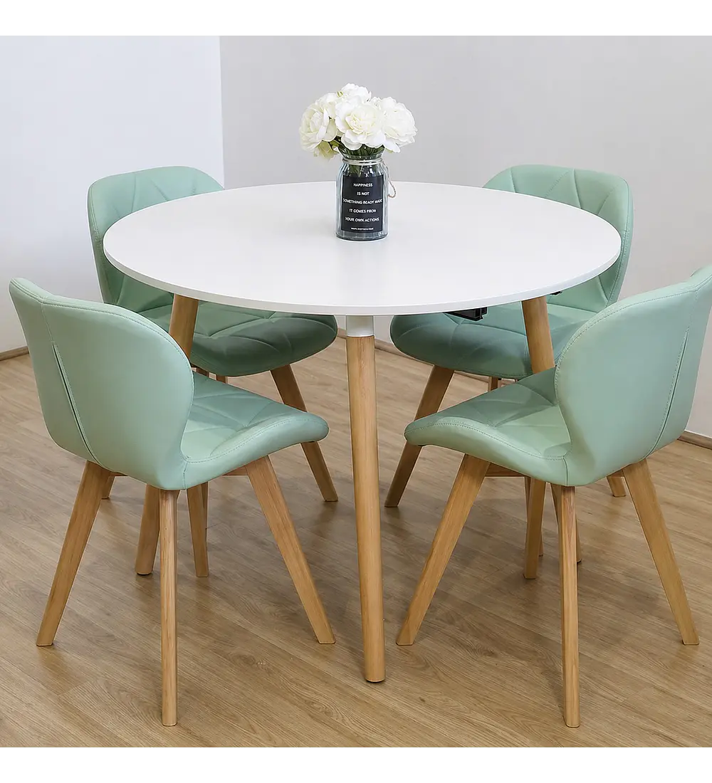 Comedor Mesa Aura Blanca 120cms  + 4 Sillas Mariposa Ecocuero Wood