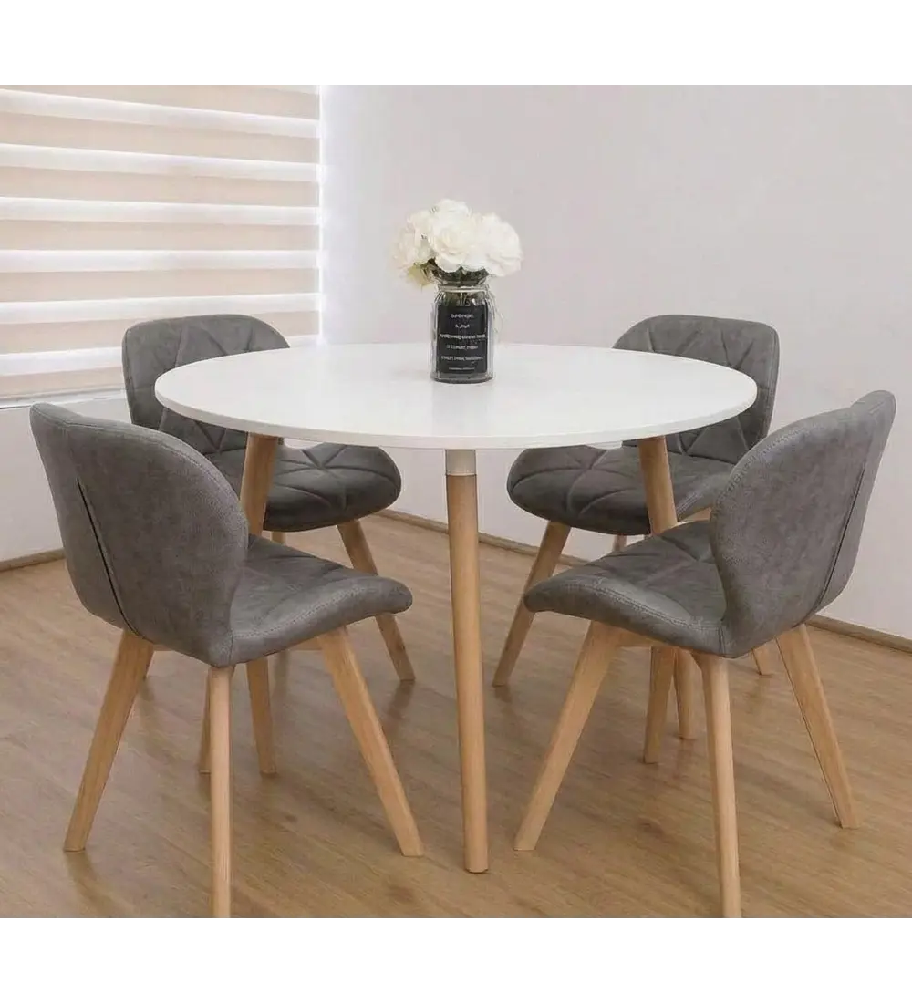 Comedor Mesa Aura Blanca 120cms  + 4 Sillas Mariposa Ecocuero Wood
