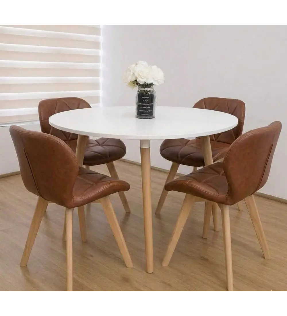 Comedor Mesa Aura Blanca 120cms  + 4 Sillas Mariposa Ecocuero Wood
