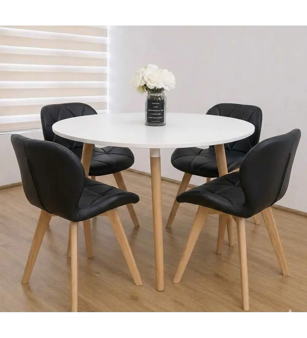 Comedor Mesa Aura Blanca 120cms  + 4 Sillas Mariposa Ecocuero Wood