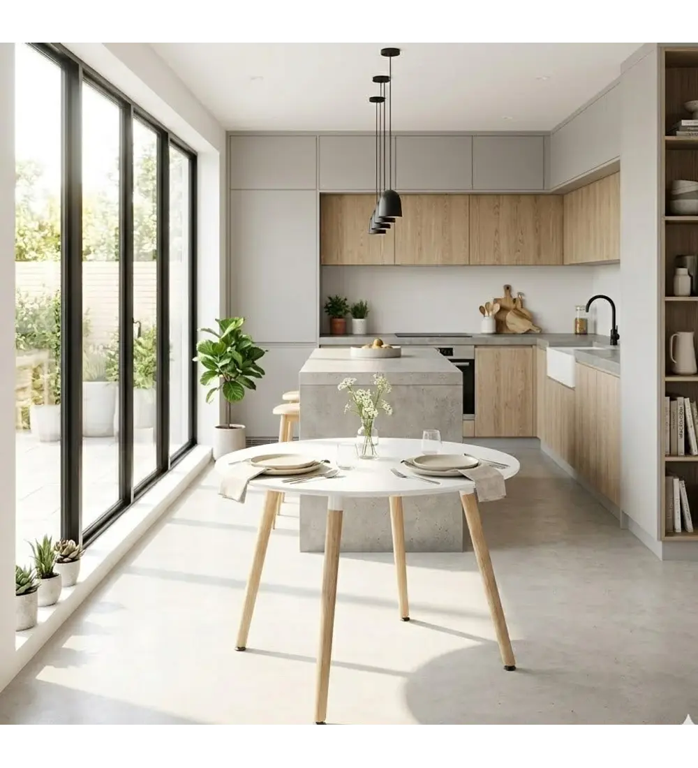 Comedor Mesa Aura Blanca 120cms  + 4 Sillas Mariposa Ecocuero Wood