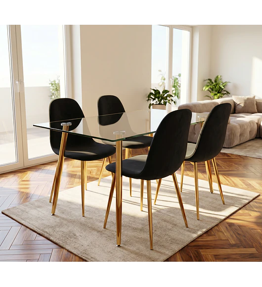 Comedor Rubi 130 x80cms Gold + 4 Sillas Scoop Velvet Gold