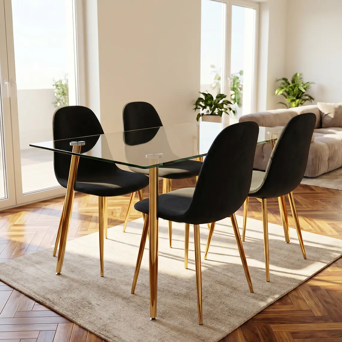 Comedor Rubi 130 x80cms Gold + 4 Sillas Scoop Velvet Gold 1