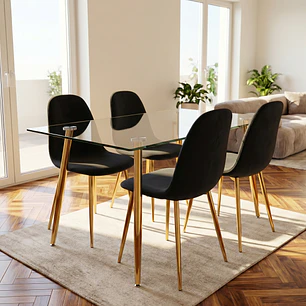 Comedor Rubi 130 x80cms Gold + 4 Sillas Scoop Velvet Gold