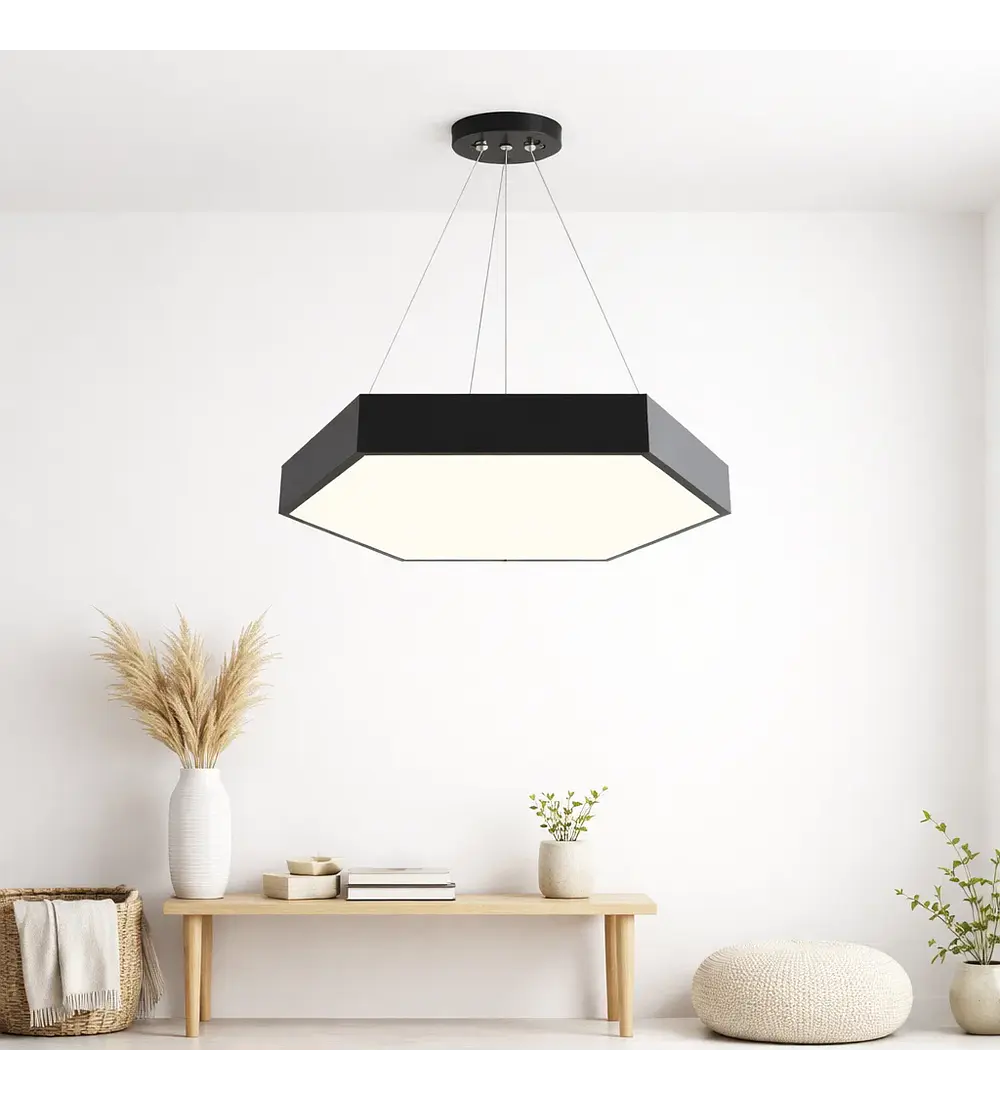Lampara Led Moderna Colgante 48w 600mm Negra 6000k Modelo Hexagono Cerrado Sudeep Konnergie