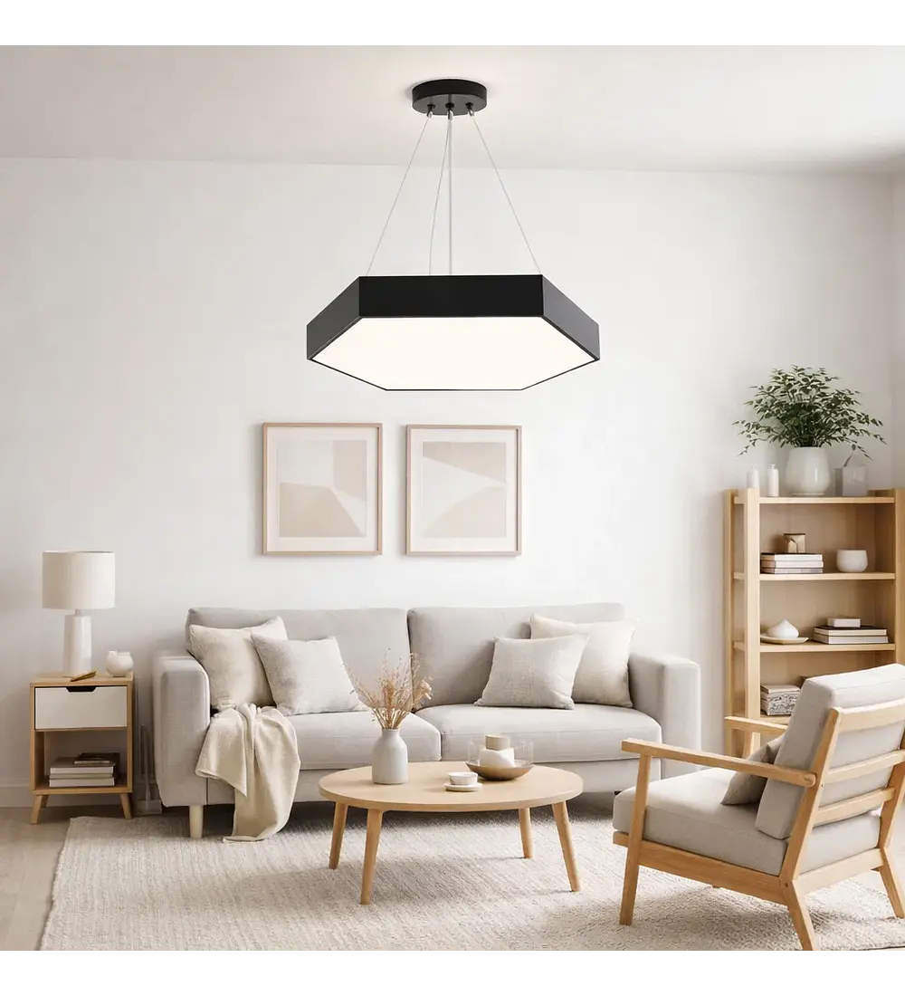 Lampara Led Moderna Colgante 48w 600mm Negra 6000k Modelo Hexagono Cerrado Sudeep Konnergie