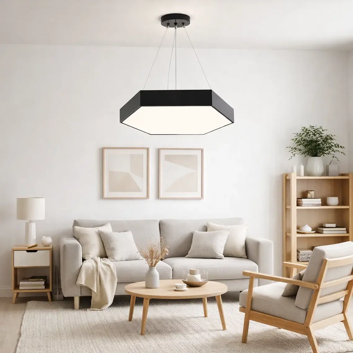Lampara Led Moderna Colgante 48w 600mm Negra 6000k Modelo Hexagono Cerrado Sudeep Konnergie 3
