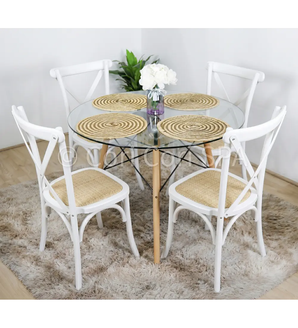 Comedor Eames Vidrio 100cm + 4 Sillas Crossback Madera