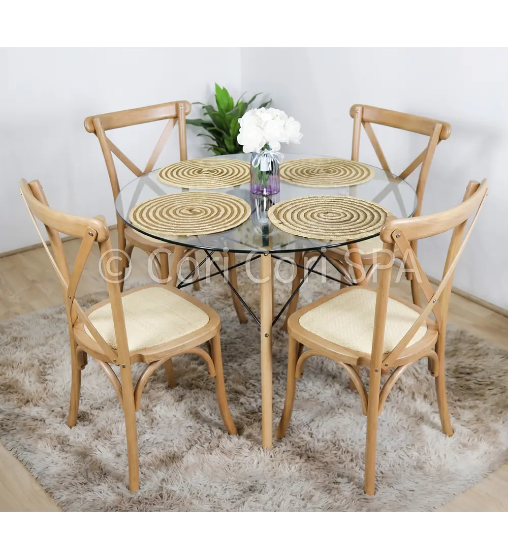 Comedor Eames Vidrio 100cm + 4 Sillas Crossback Madera