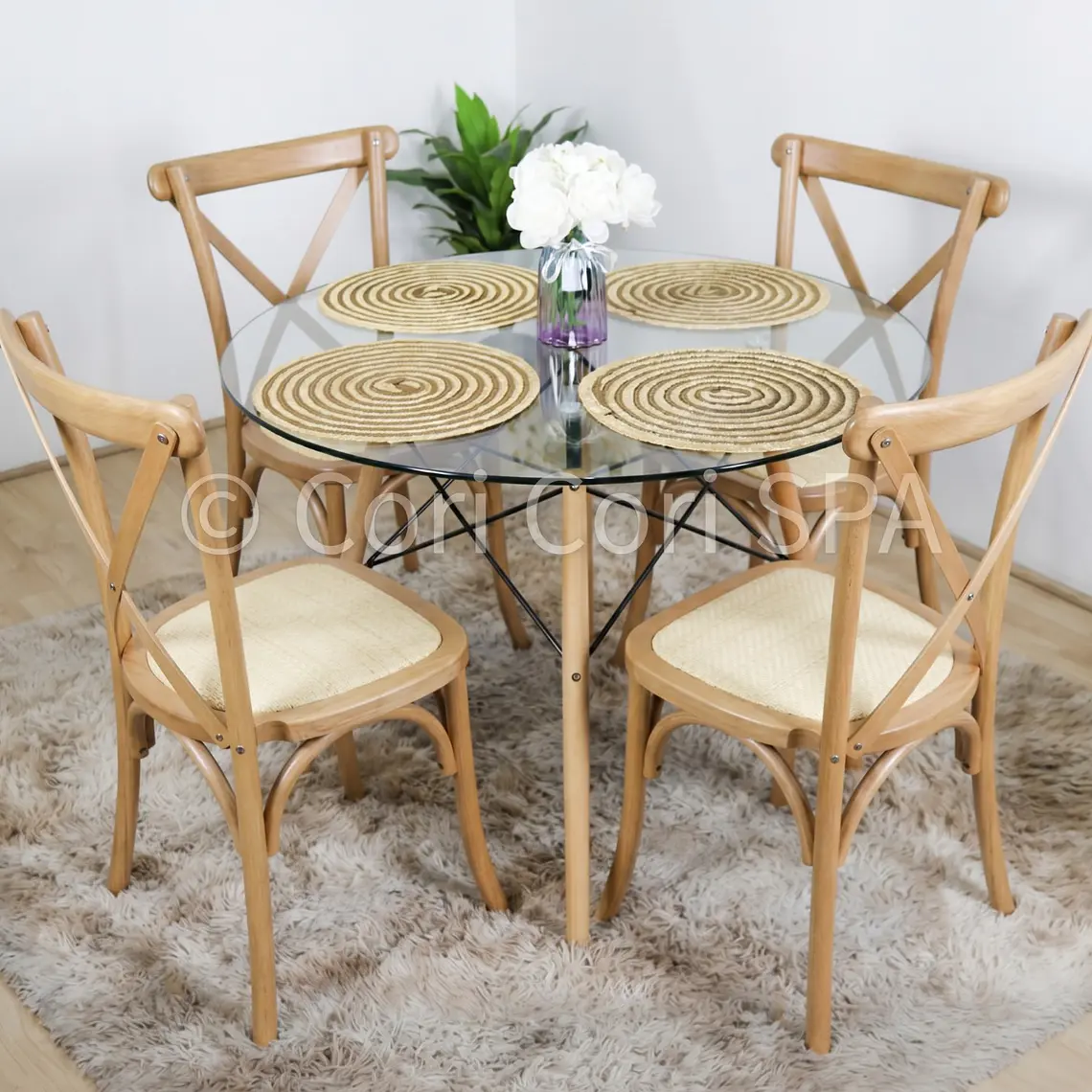Comedor Eames Vidrio 100cm + 4 Sillas Crossback Madera 10
