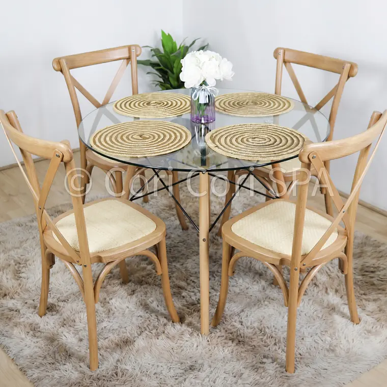 Comedor Eames Vidrio 100cm + 4 Sillas Crossback Madera 10