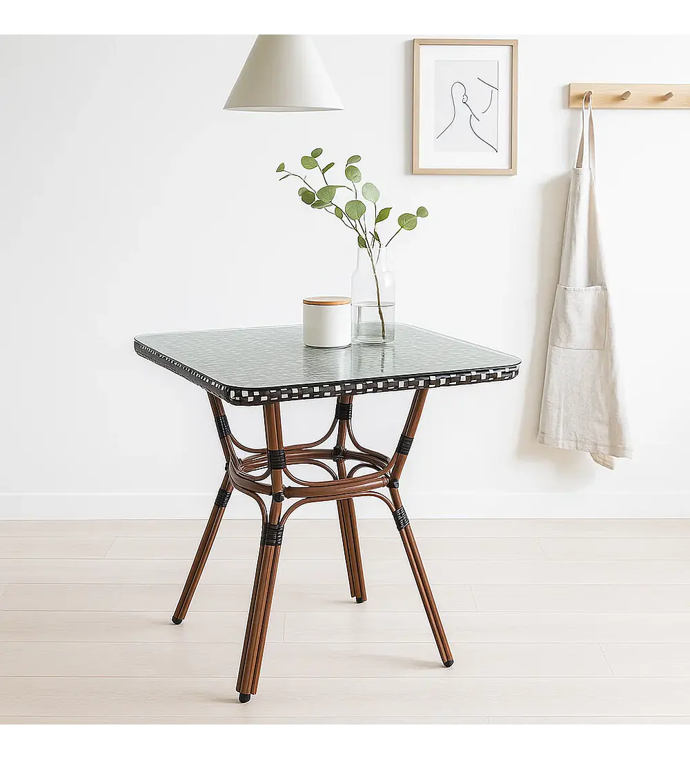 Mesa Bistro Parisino con Metál y Rattan Sintético