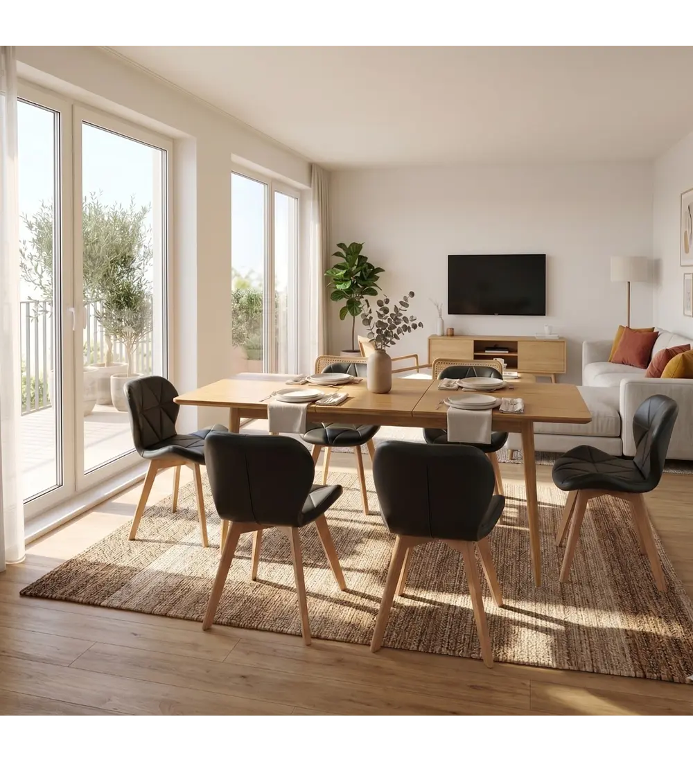 Comedor Mesa Expandible Rectangular Zeus + 6 Sillas Mariposas Ecocuero Wood
