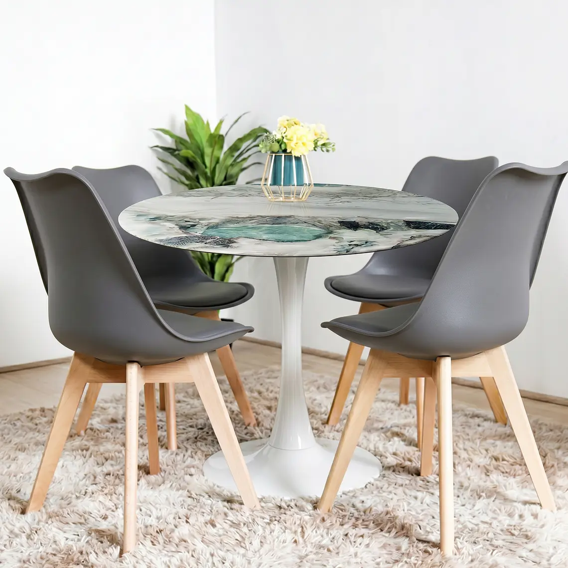 Comedor Mesa Tulip Marmol Stone 100cms + 4 Sillas Tulip 3