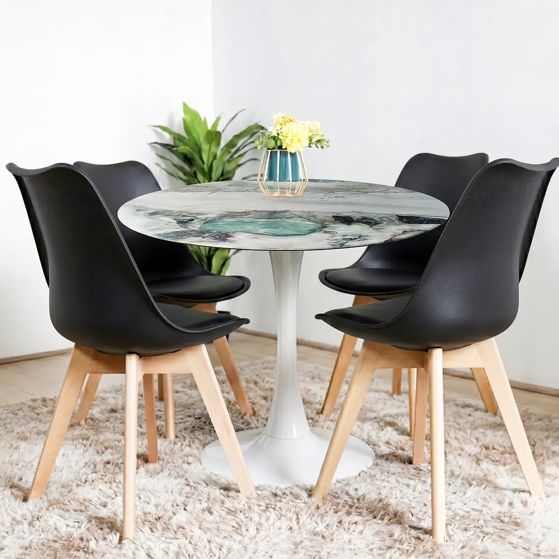 Comedor Mesa Tulip Marmol Stone 100cms + 4 Sillas Tulip 4