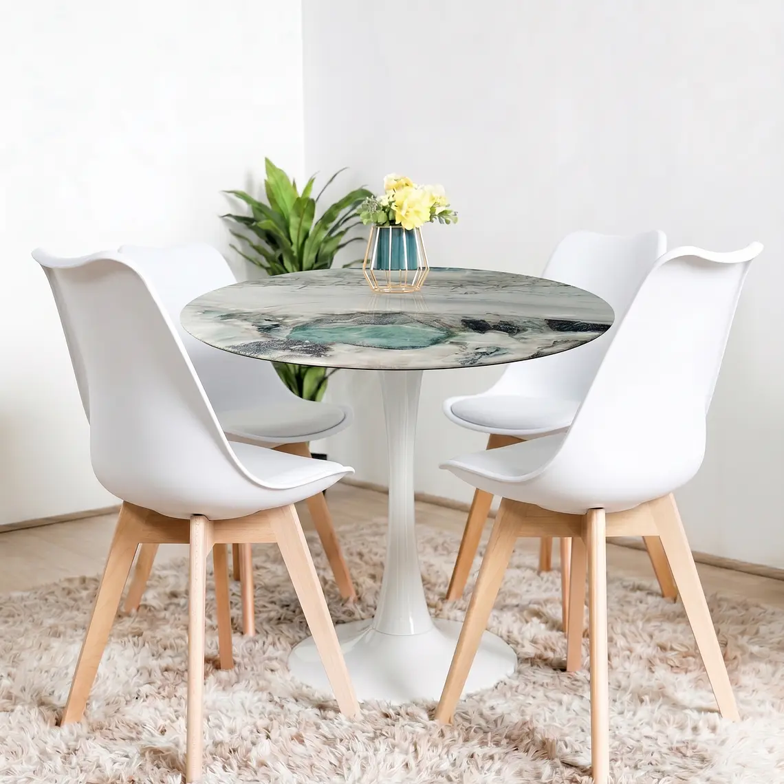 Comedor Mesa Tulip Marmol Stone 100cms + 4 Sillas Tulip 8