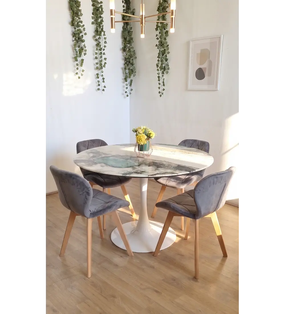 Comedor Mesa Tulip Stone Blanca 100cms + 4 Sillas Mariposa Velvet
