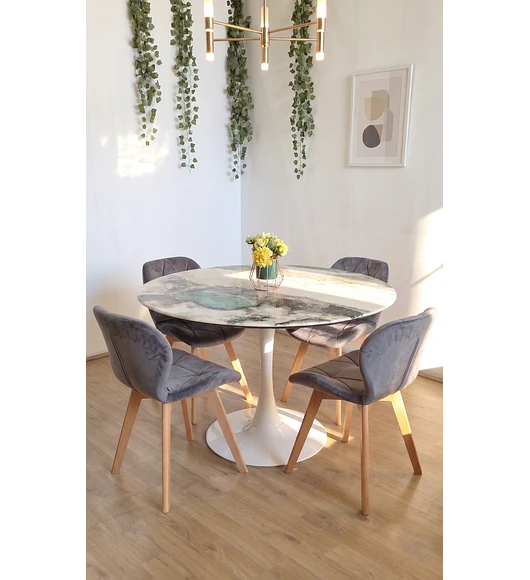 Comedor Mesa Tulip Stone Blanca 100cms + 4 Sillas Mariposa Velvet