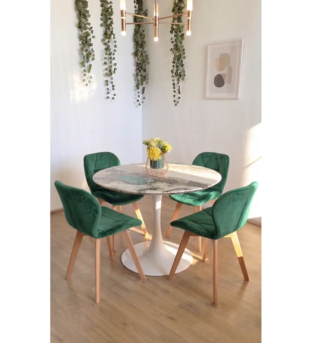 Comedor Mesa Tulip Stone Blanca 100cms + 4 Sillas Mariposa Velvet