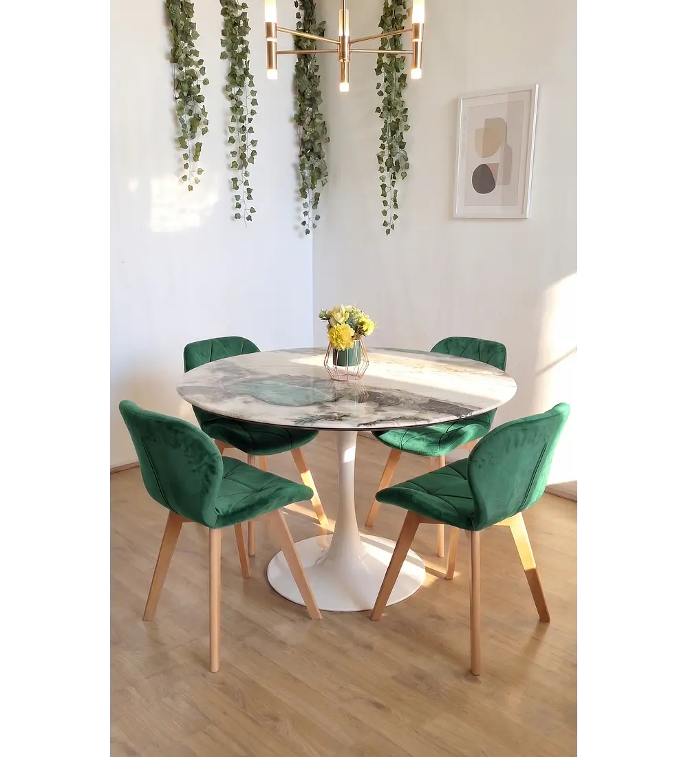 Comedor Mesa Tulip Stone Blanca 100cms + 4 Sillas Mariposa Velvet
