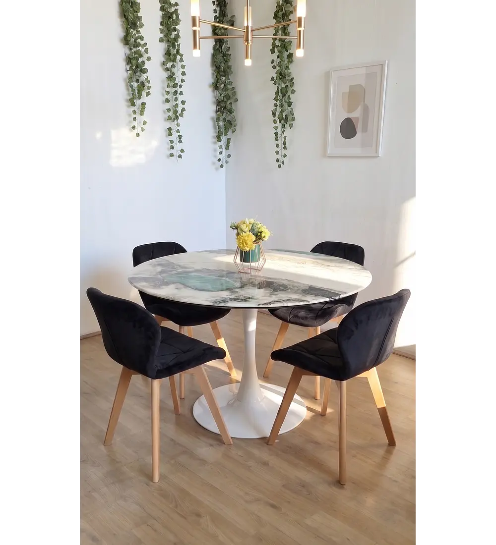 Comedor Mesa Tulip Stone Blanca 100cms + 4 Sillas Mariposa Velvet