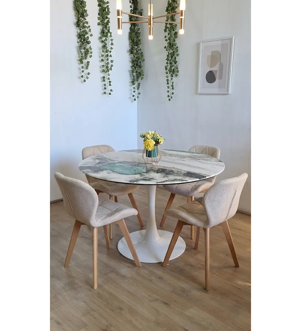 Comedor Mesa Tulip Stone Blanca 100cms + 4 Sillas Mariposa Velvet