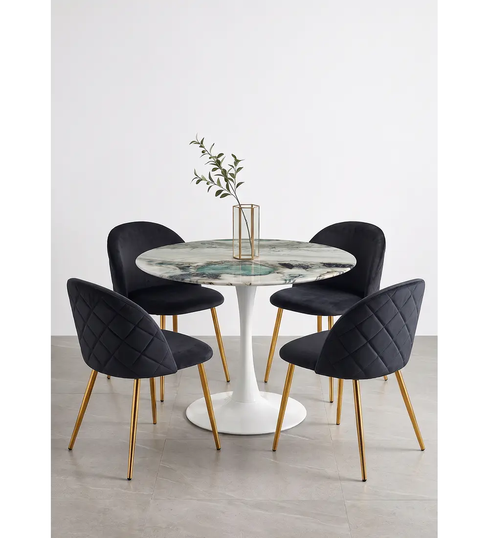 Comedor Mesa Tulip Marmol Stone 100cms + 4 Sillas Bread Gold