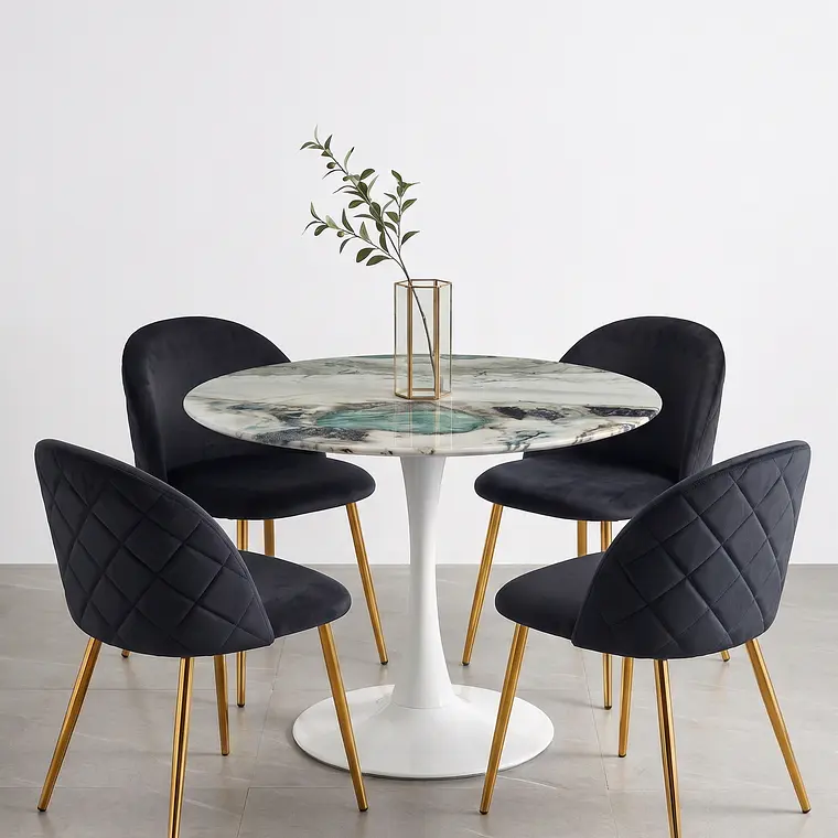 Comedor Mesa Tulip Marmol Stone 100cms + 4 Sillas Bread Gold 2