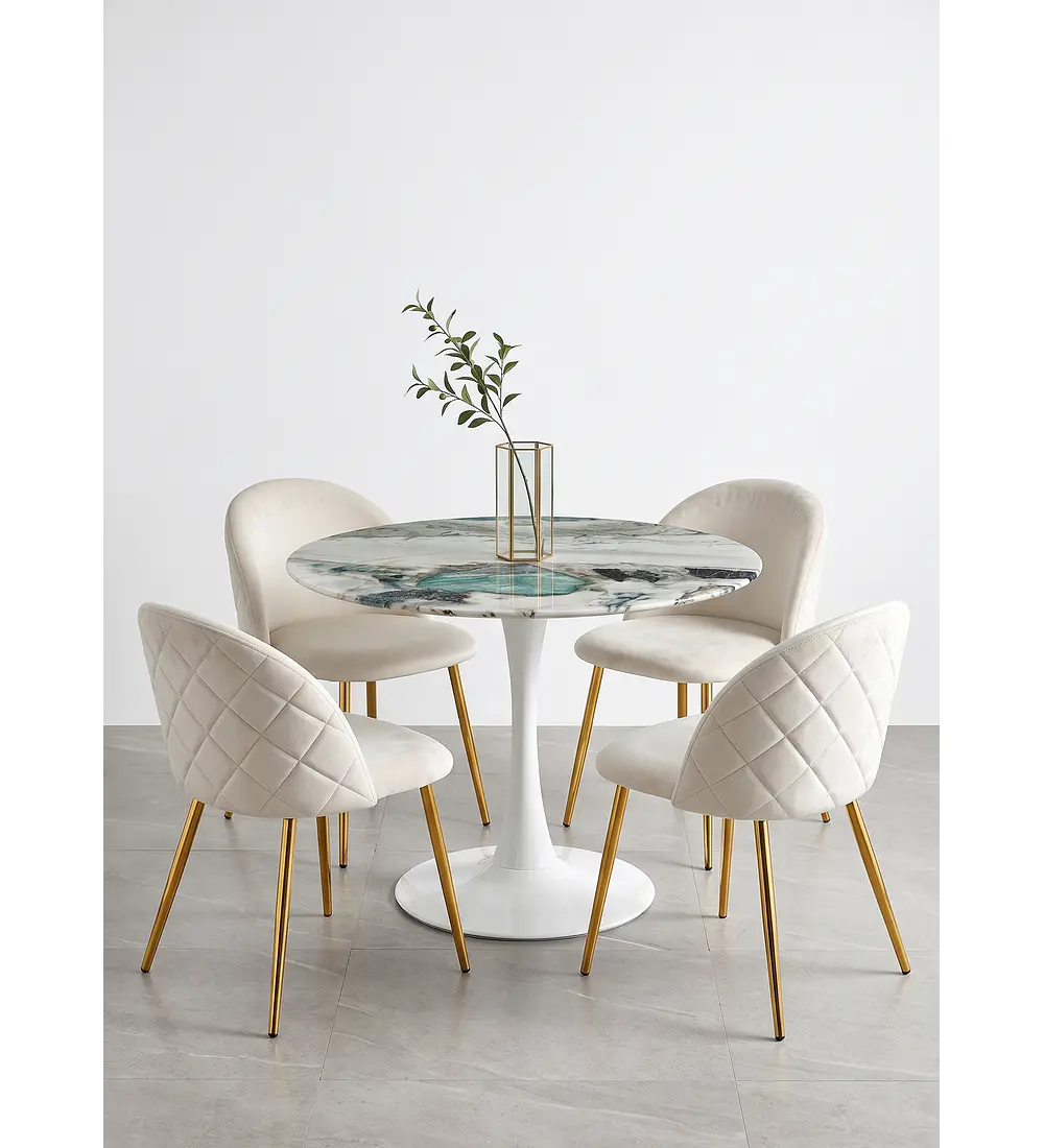 Comedor Mesa Tulip Marmol Stone 100cms + 4 Sillas Bread Gold