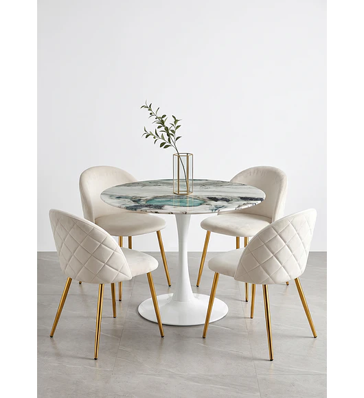 Comedor Mesa Tulip Marmol Stone 100cms + 4 Sillas Bread Gold