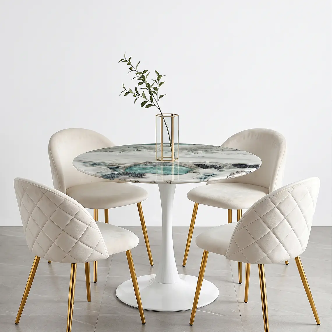 Comedor Mesa Tulip Marmol Stone 100cms + 4 Sillas Bread Gold 1