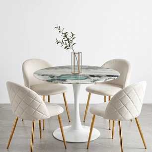 Comedor Mesa Tulip Marmol Stone 100cms + 4 Sillas Bread Gold