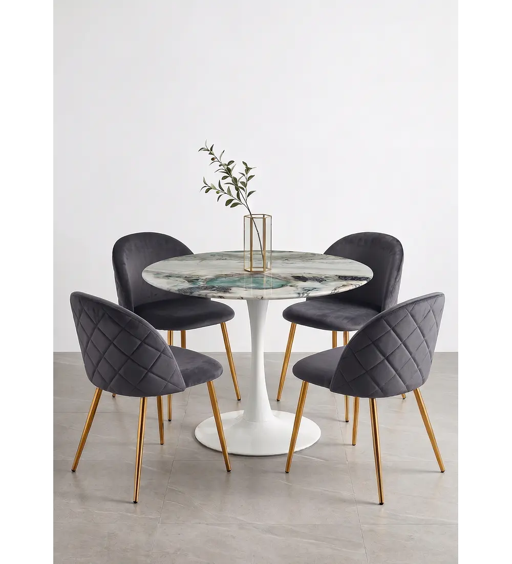 Comedor Mesa Tulip Marmol Stone 100cms + 4 Sillas Bread Gold