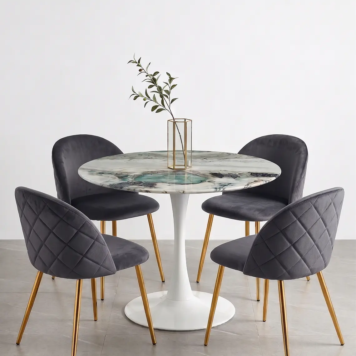 Comedor Mesa Tulip Marmol Stone 100cms + 4 Sillas Bread Gold 4