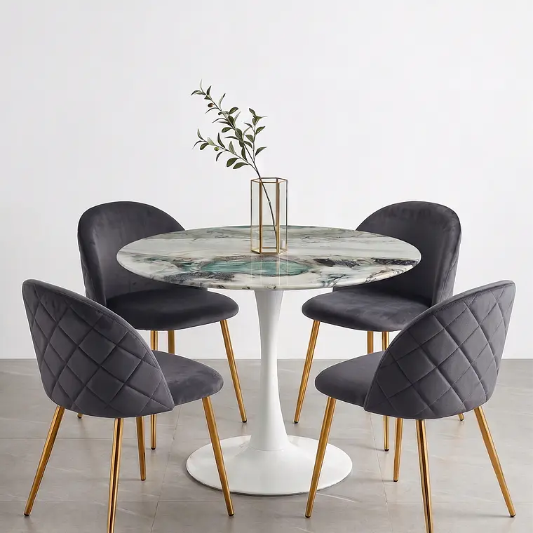 Comedor Mesa Tulip Marmol Stone 100cms + 4 Sillas Bread Gold 4