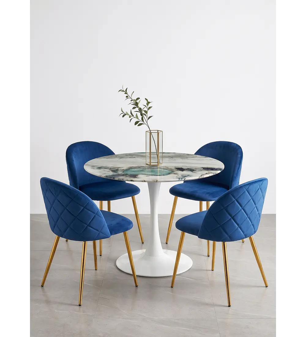 Comedor Mesa Tulip Marmol Stone 100cms + 4 Sillas Bread Gold