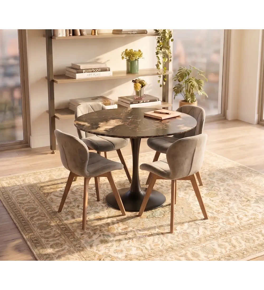 Comedor Mesa Tulip Stone Negra 100cms + 4 Sillas Mariposa Velvet