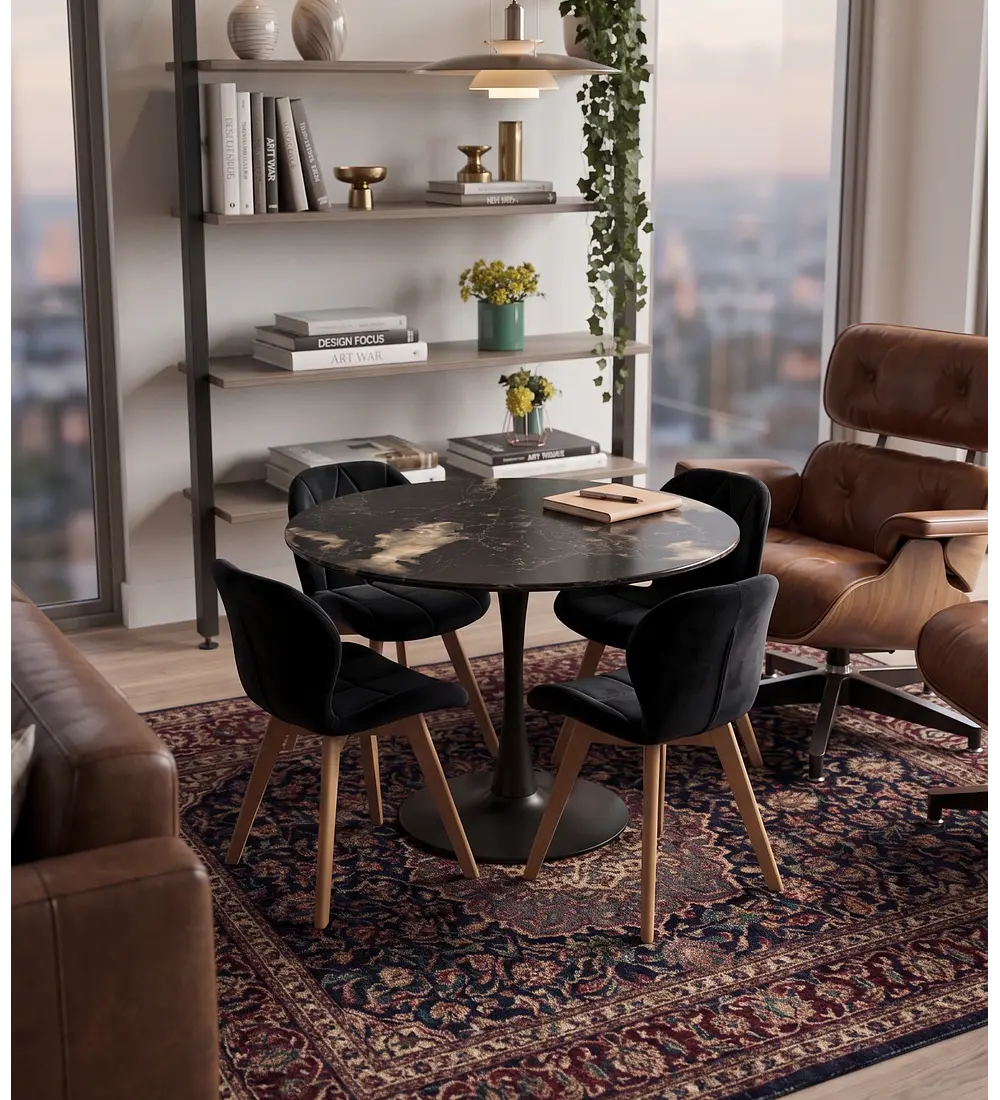 Comedor Mesa Tulip Stone Negra 100cms + 4 Sillas Mariposa Velvet