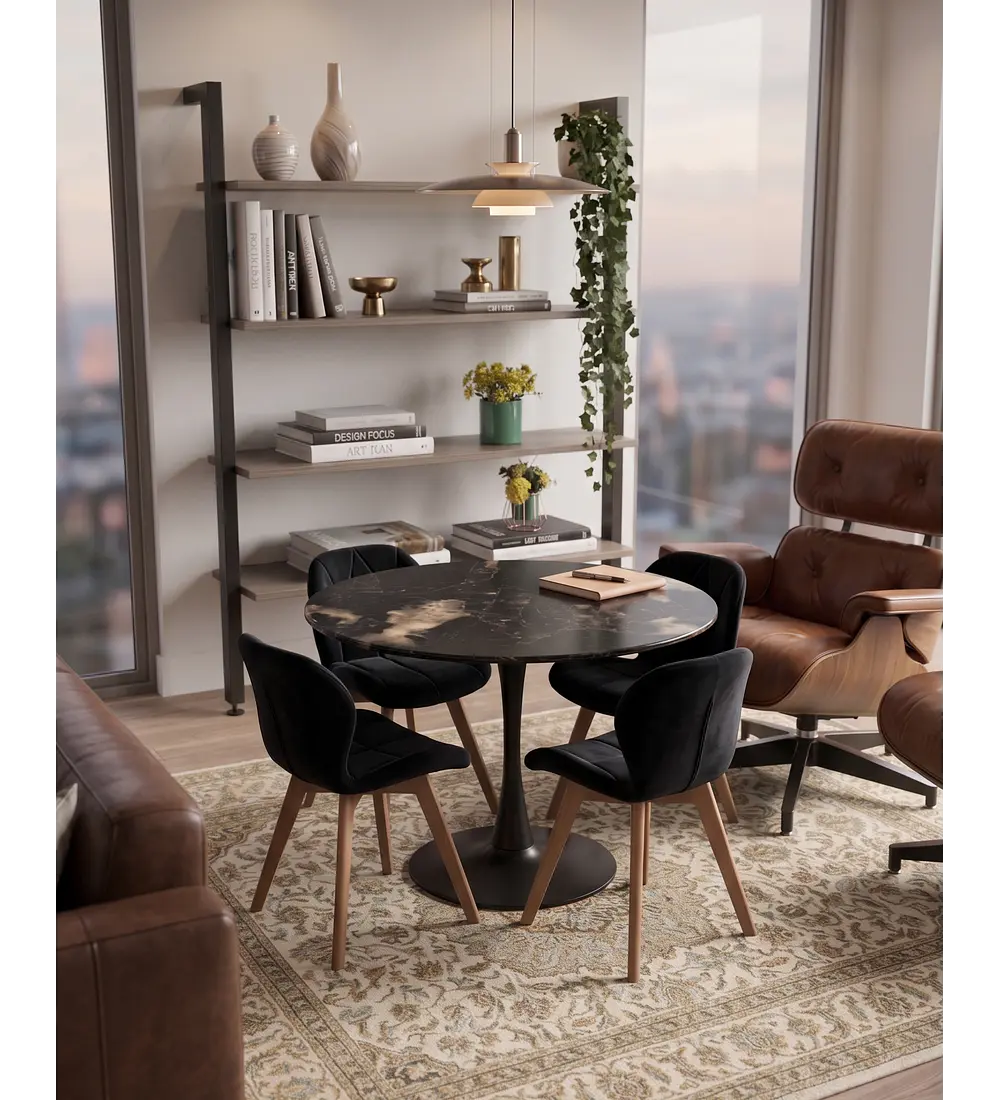 Comedor Mesa Tulip Stone Negra 100cms + 4 Sillas Mariposa Velvet