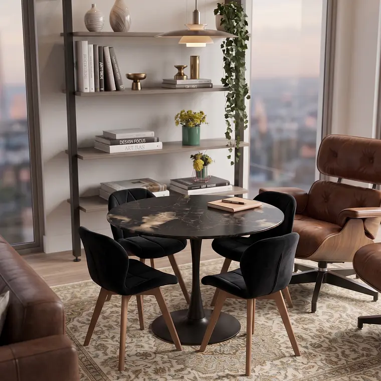 Comedor Mesa Tulip Stone Negra 100cms + 4 Sillas Mariposa Velvet 8