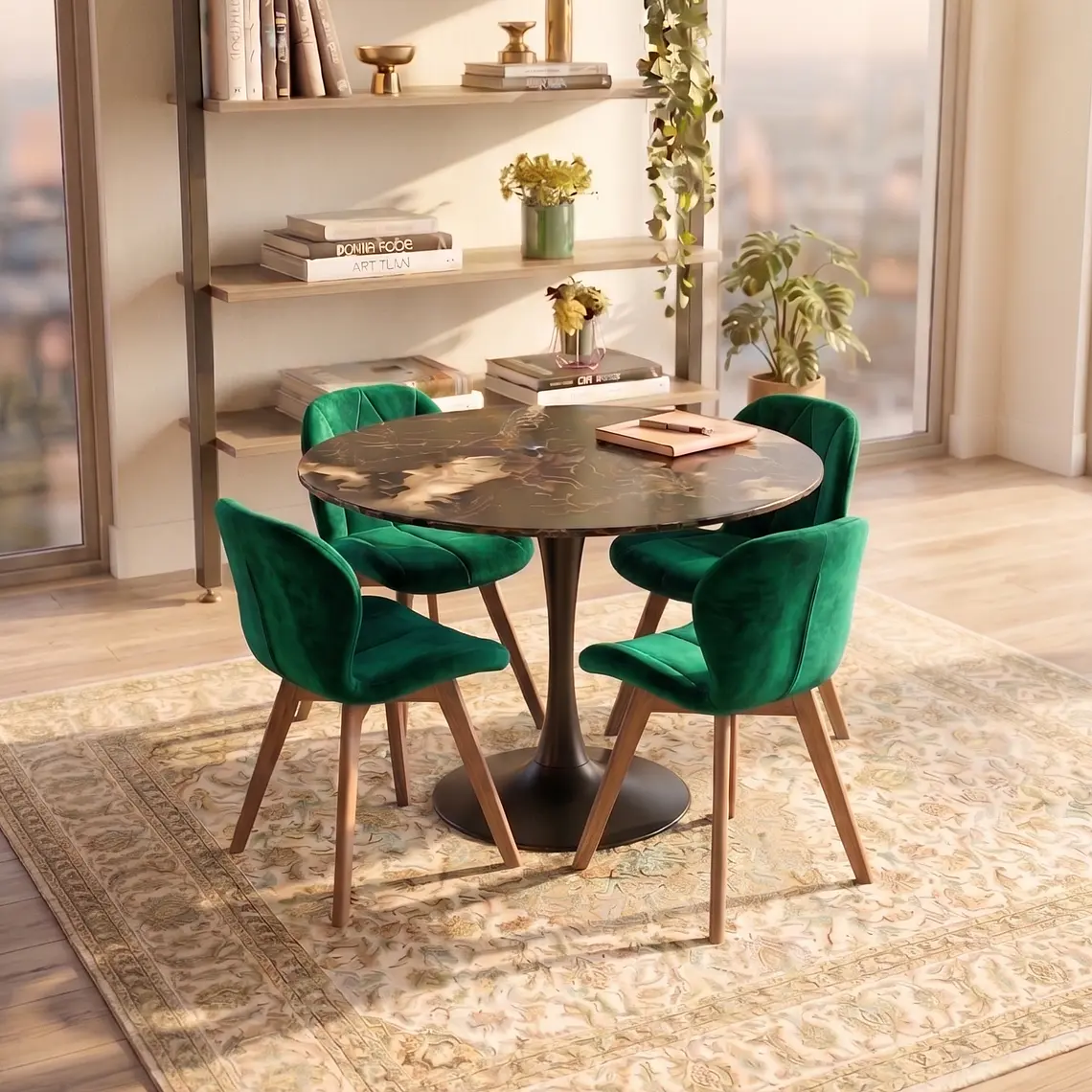 Comedor Mesa Tulip Stone Negra 100cms + 4 Sillas Mariposa Velvet 10