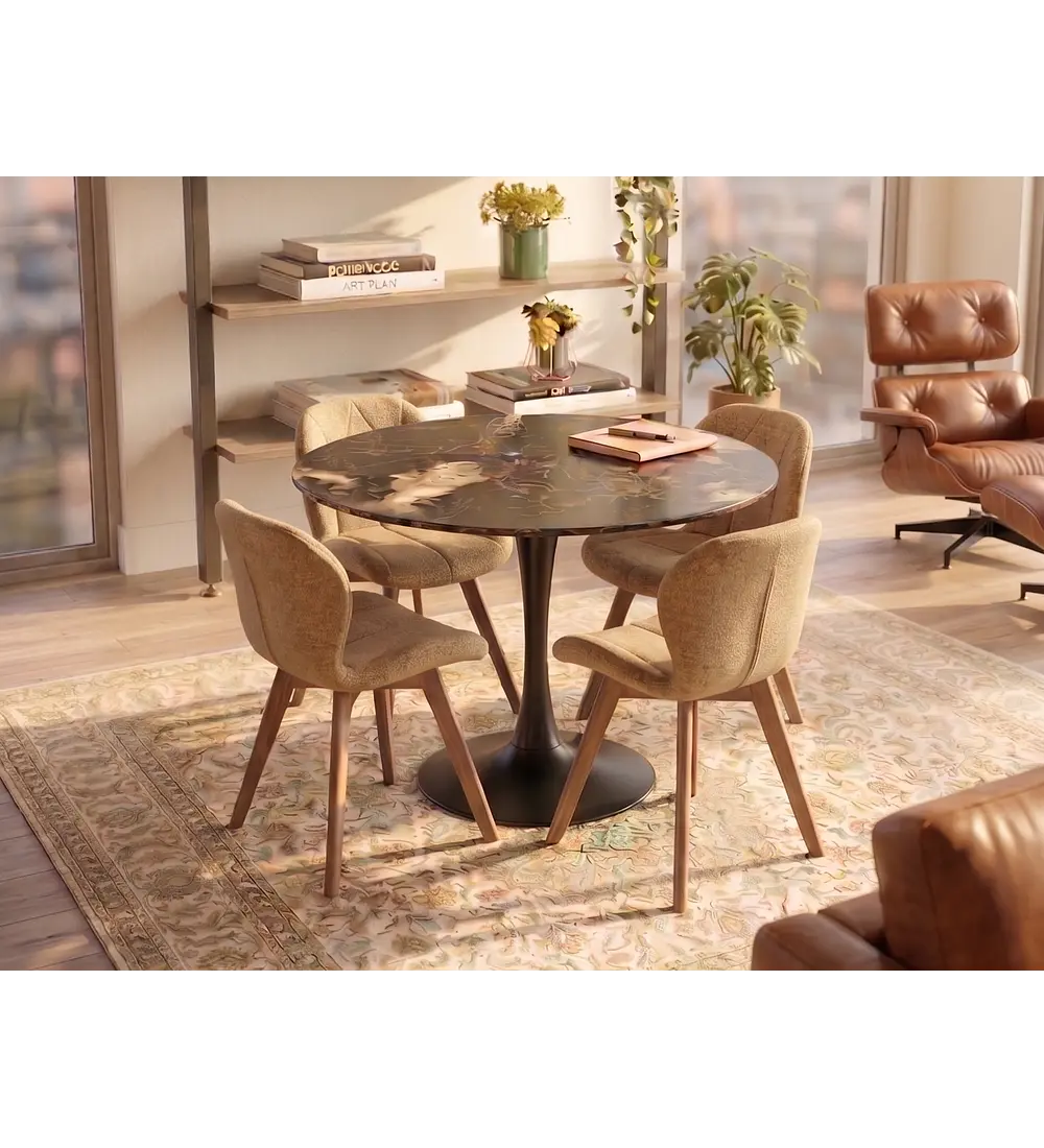 Comedor Mesa Tulip Stone Negra 100cms + 4 Sillas Mariposa Velvet